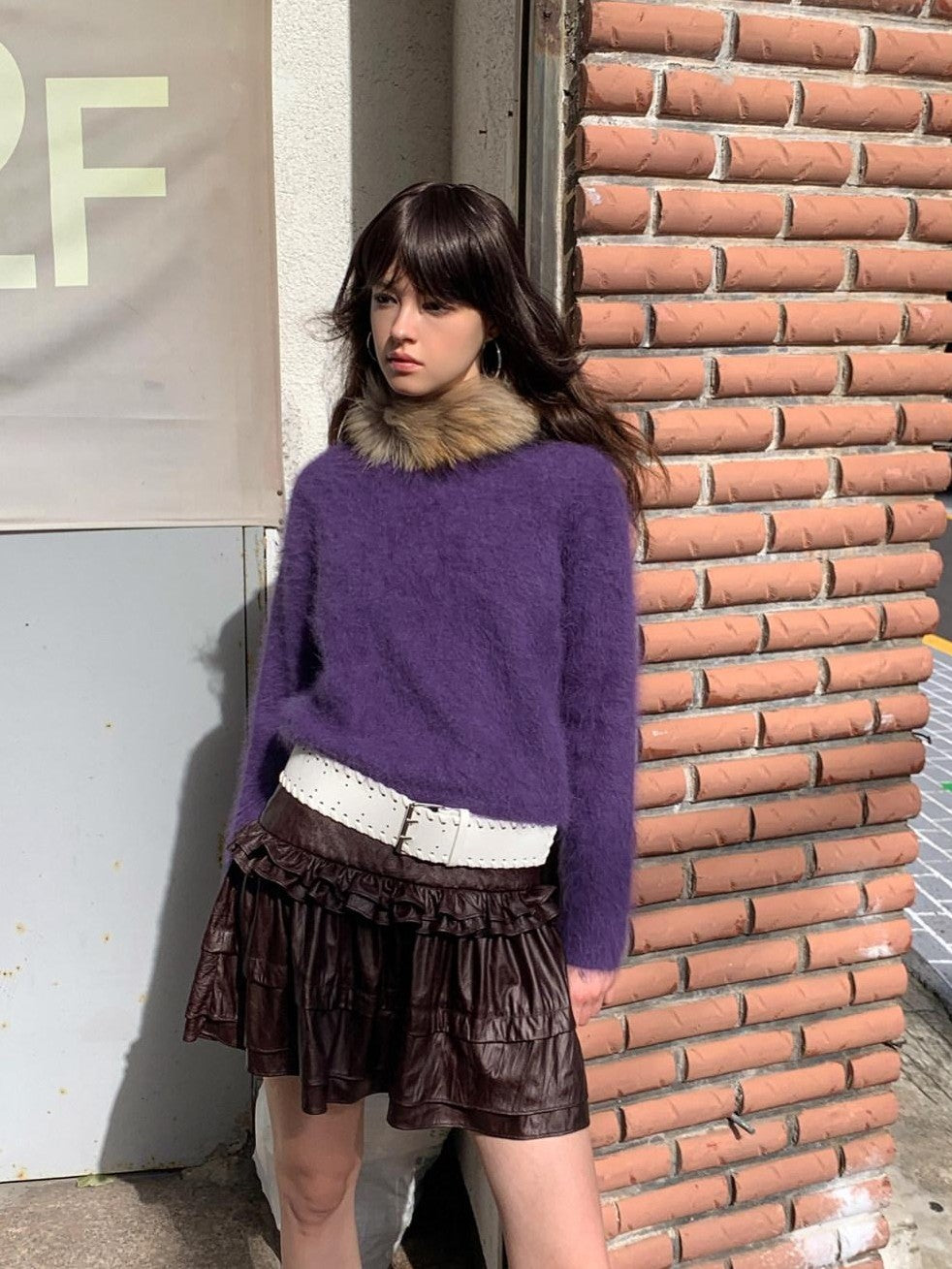 UNIVERSE Purple Vintage Loose Slouchy Rabbit Fur Knitted Women's Fur Blend Sweaters