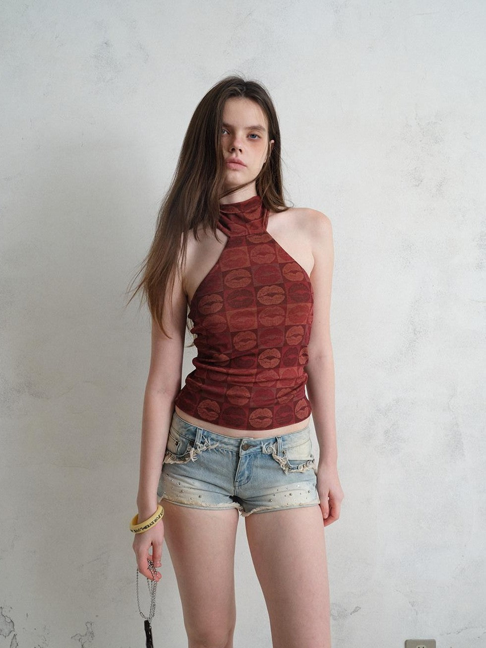 UNIVERSE Red Lip Print Slim Fit Cropped Waist Women's Polyester Halter Tops