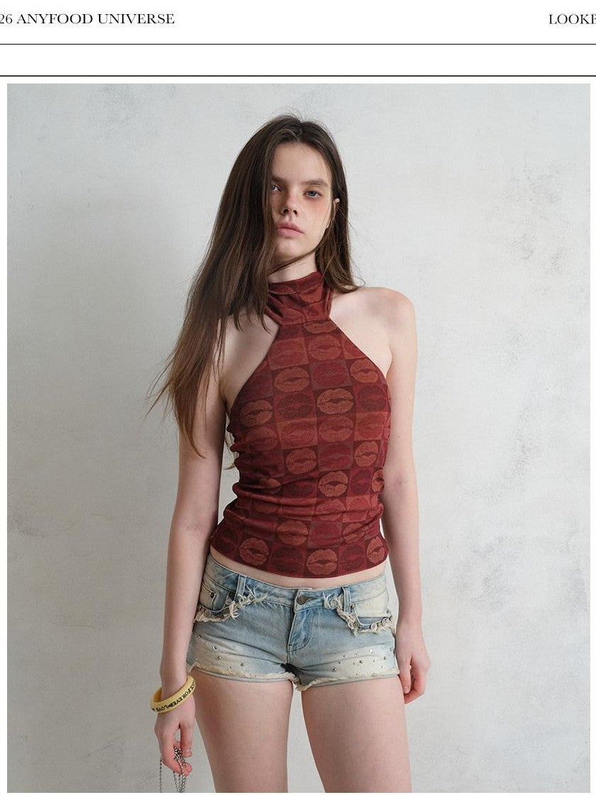 UNIVERSE Red Lip Print Slim Fit Cropped Waist Women's Polyester Halter Tops
