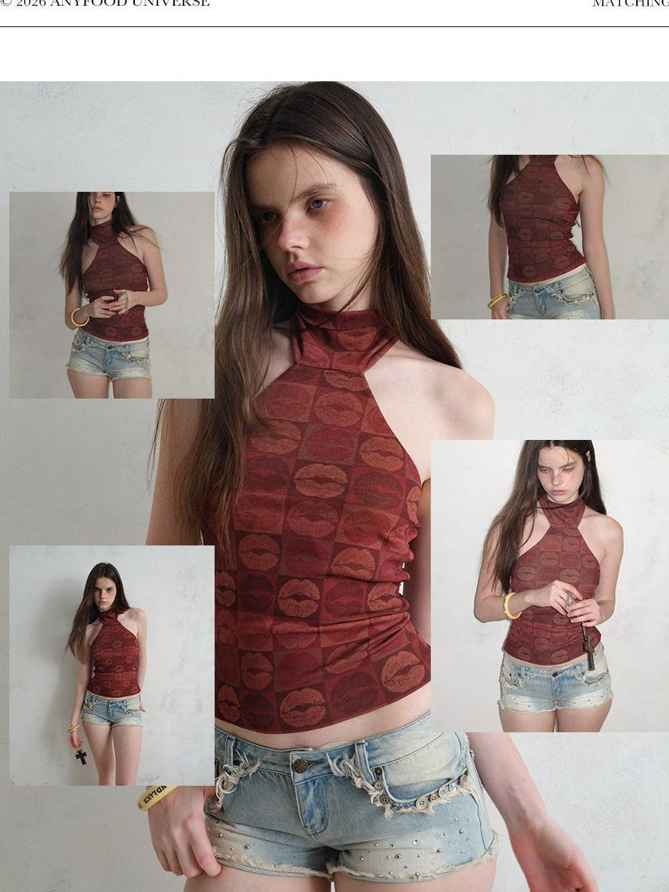 UNIVERSE Red Lip Print Slim Fit Cropped Waist Women's Polyester Halter Tops