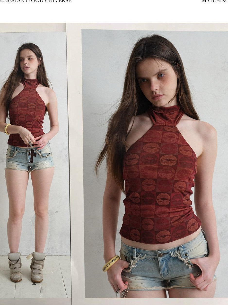 UNIVERSE Red Lip Print Slim Fit Cropped Waist Women's Polyester Halter Tops