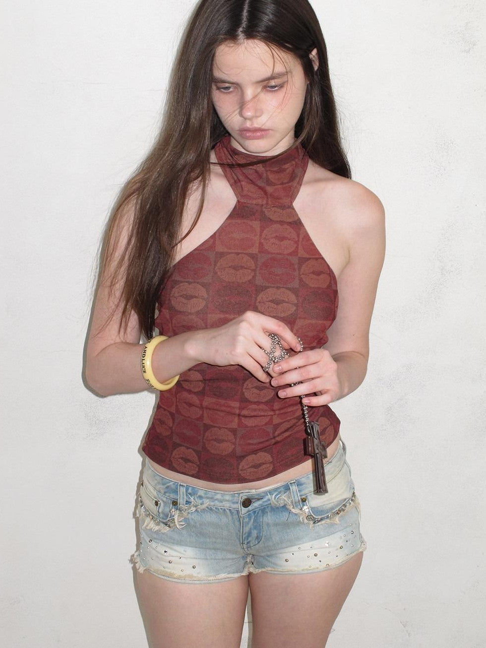 UNIVERSE Red Lip Print Slim Fit Cropped Waist Women's Polyester Halter Tops