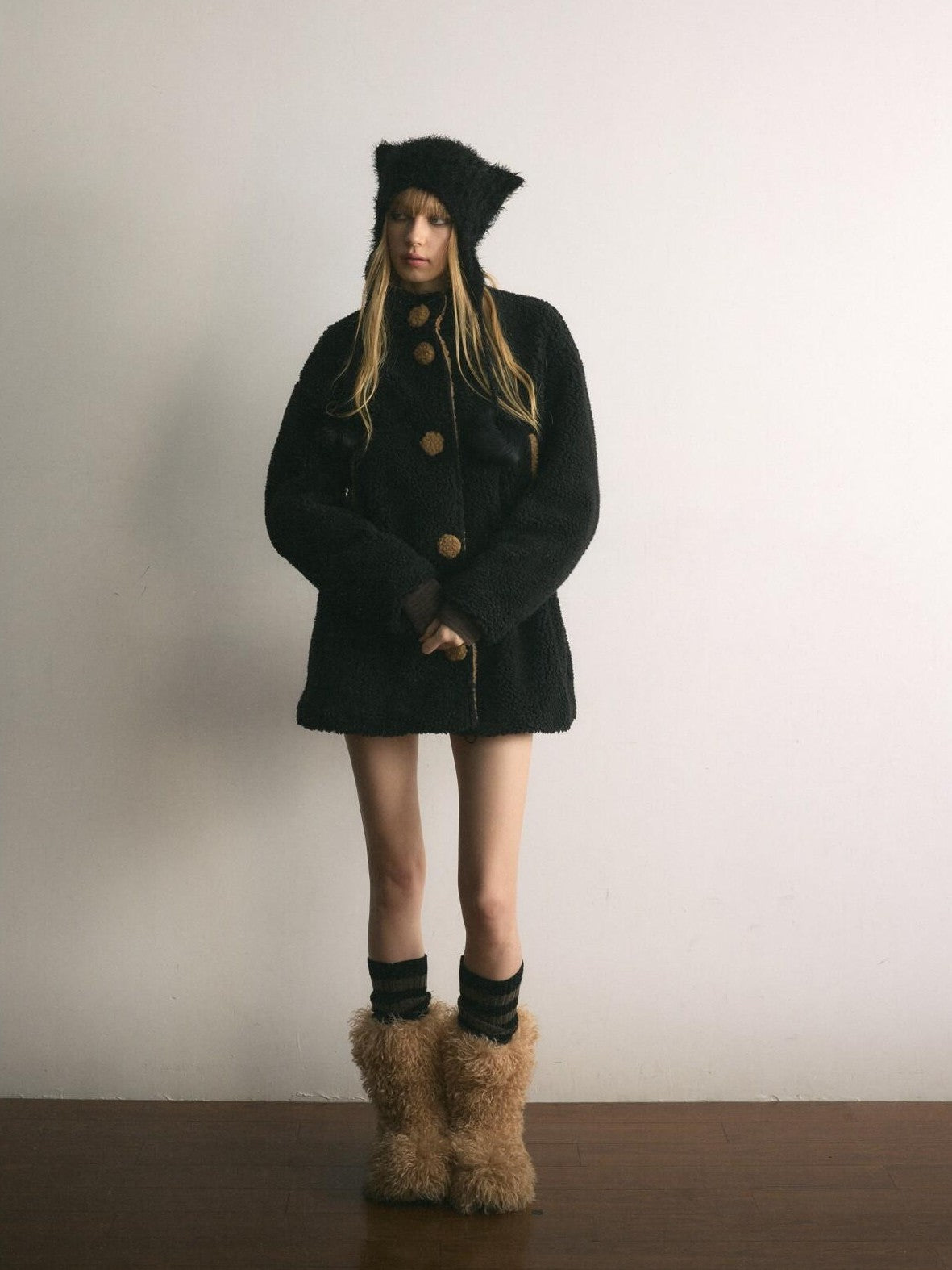 UNIVERSE Retro Cinched Waist Stand Collar Padded Plush Women's Fleece Jackets