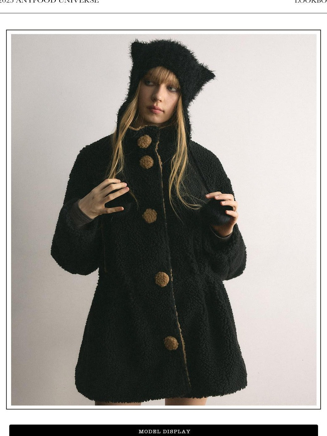 UNIVERSE Retro Cinched Waist Stand Collar Padded Plush Women's Fleece Jackets
