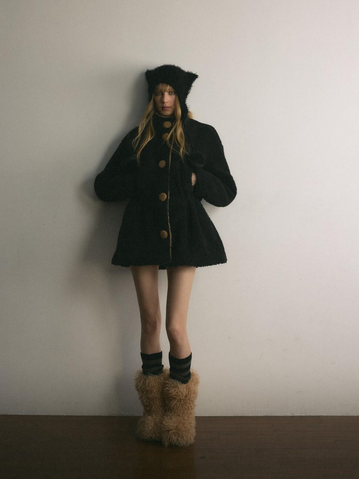 UNIVERSE Retro Cinched Waist Stand Collar Padded Plush Women's Fleece Jackets