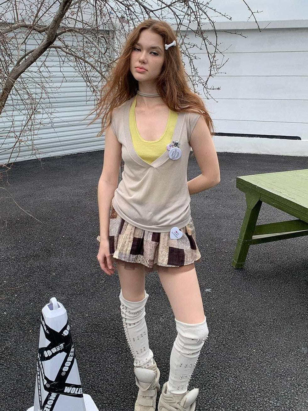 UNIVERSE Retro Colorblock Faux Two Piece Layered Women's Lyocell Woven Tank Tops