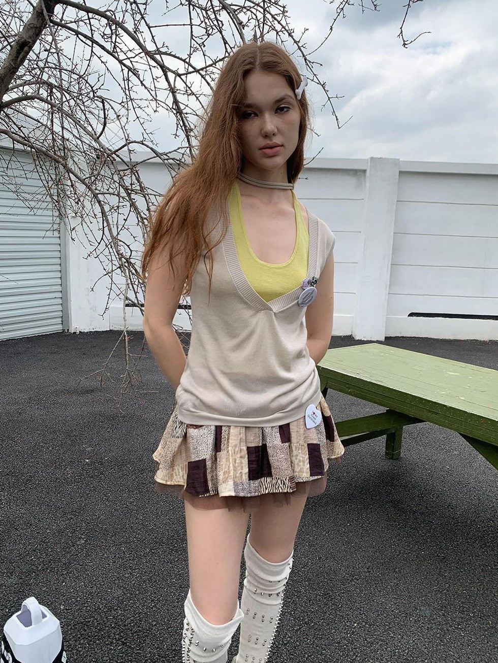 UNIVERSE Retro Colorblock Faux Two Piece Layered Women's Lyocell Woven Tank Tops