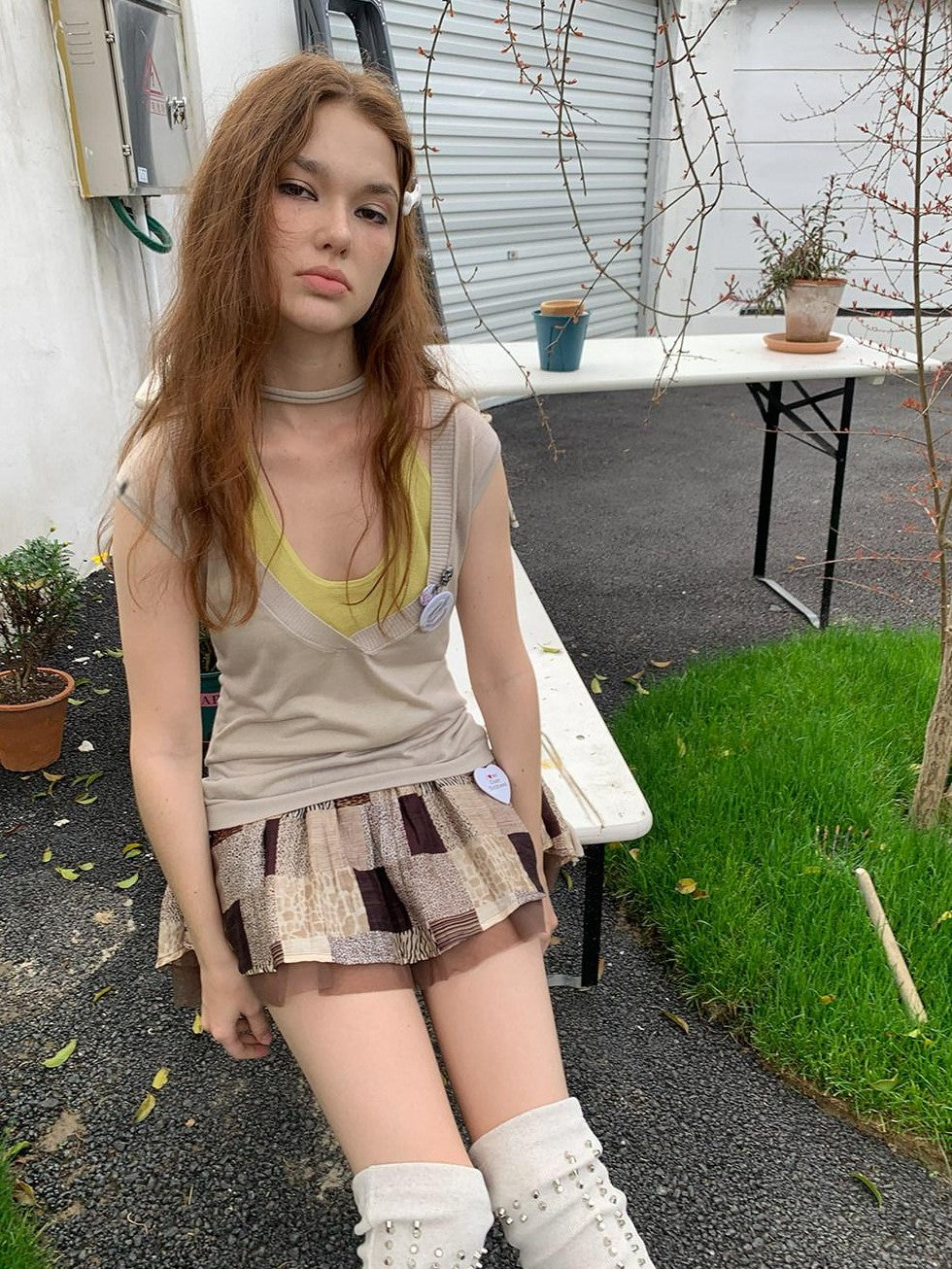 UNIVERSE Retro Colorblock Faux Two Piece Layered Women's Lyocell Woven Tank Tops