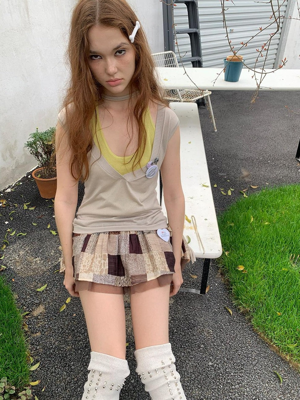 UNIVERSE Retro Colorblock Faux Two Piece Layered Women's Lyocell Woven Tank Tops