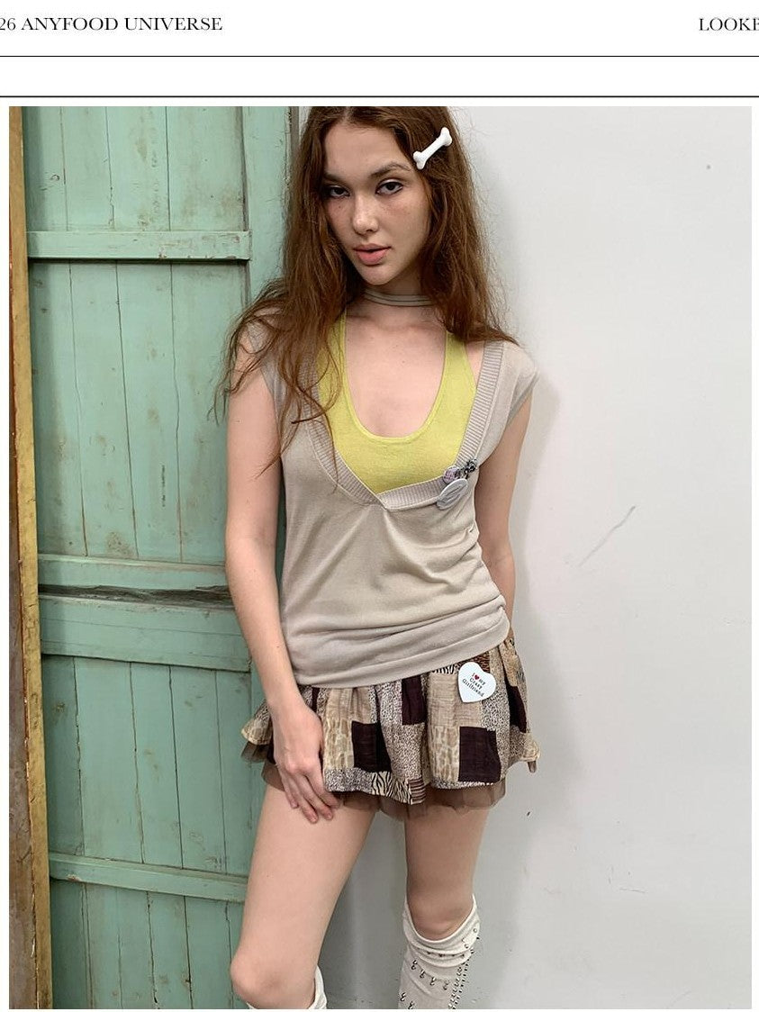 UNIVERSE Retro Colorblock Faux Two Piece Layered Women's Lyocell Woven Tank Tops