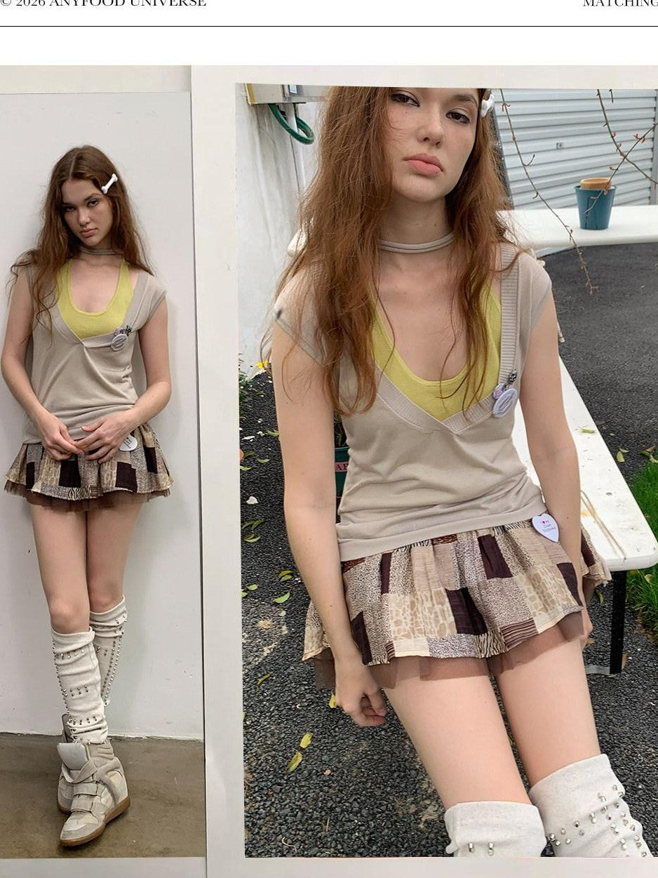 UNIVERSE Retro Colorblock Faux Two Piece Layered Women's Lyocell Woven Tank Tops