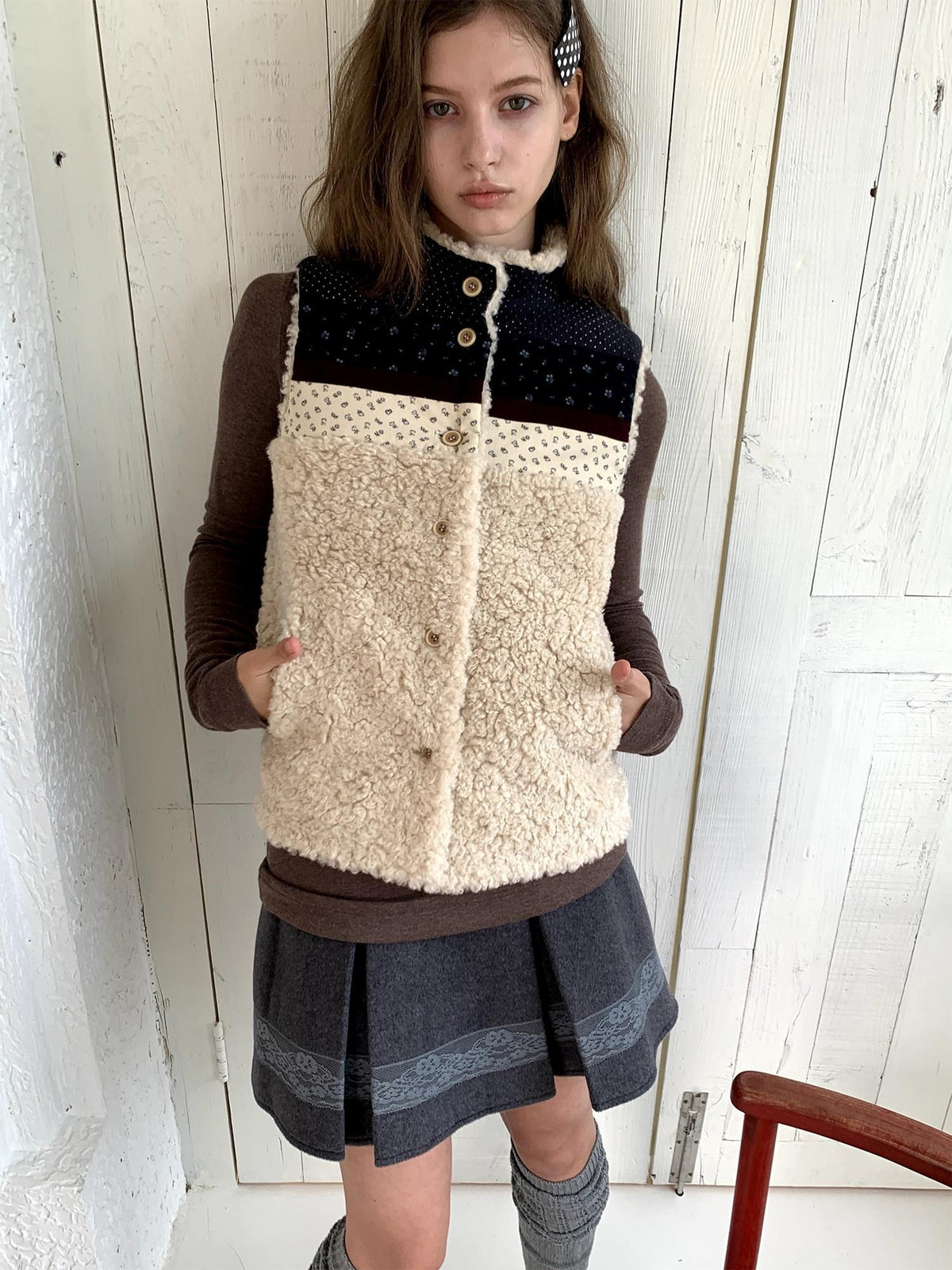 UNIVERSE Retro Lambswool Spliced Stand Collar Cropped Women's Vests