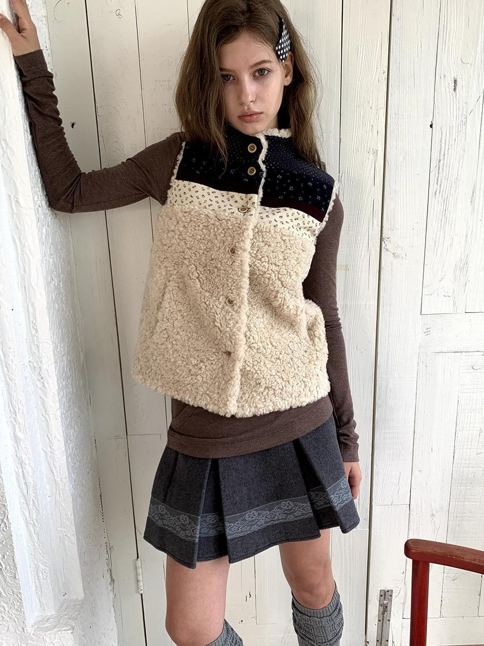 UNIVERSE Retro Lambswool Spliced Stand Collar Cropped Women's Vests