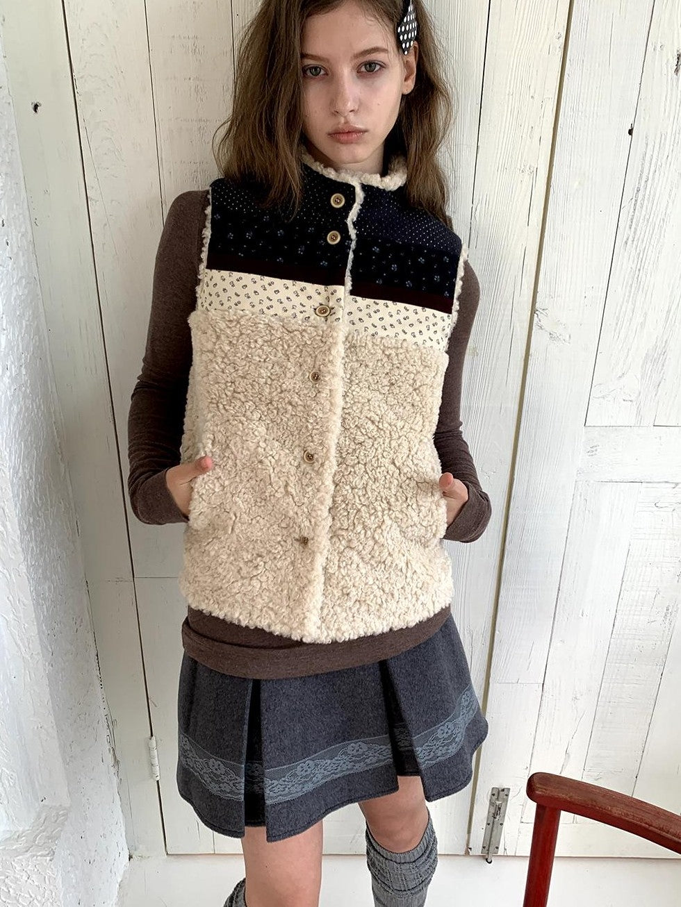 UNIVERSE Retro Lambswool Spliced Stand Collar Cropped Women's Vests
