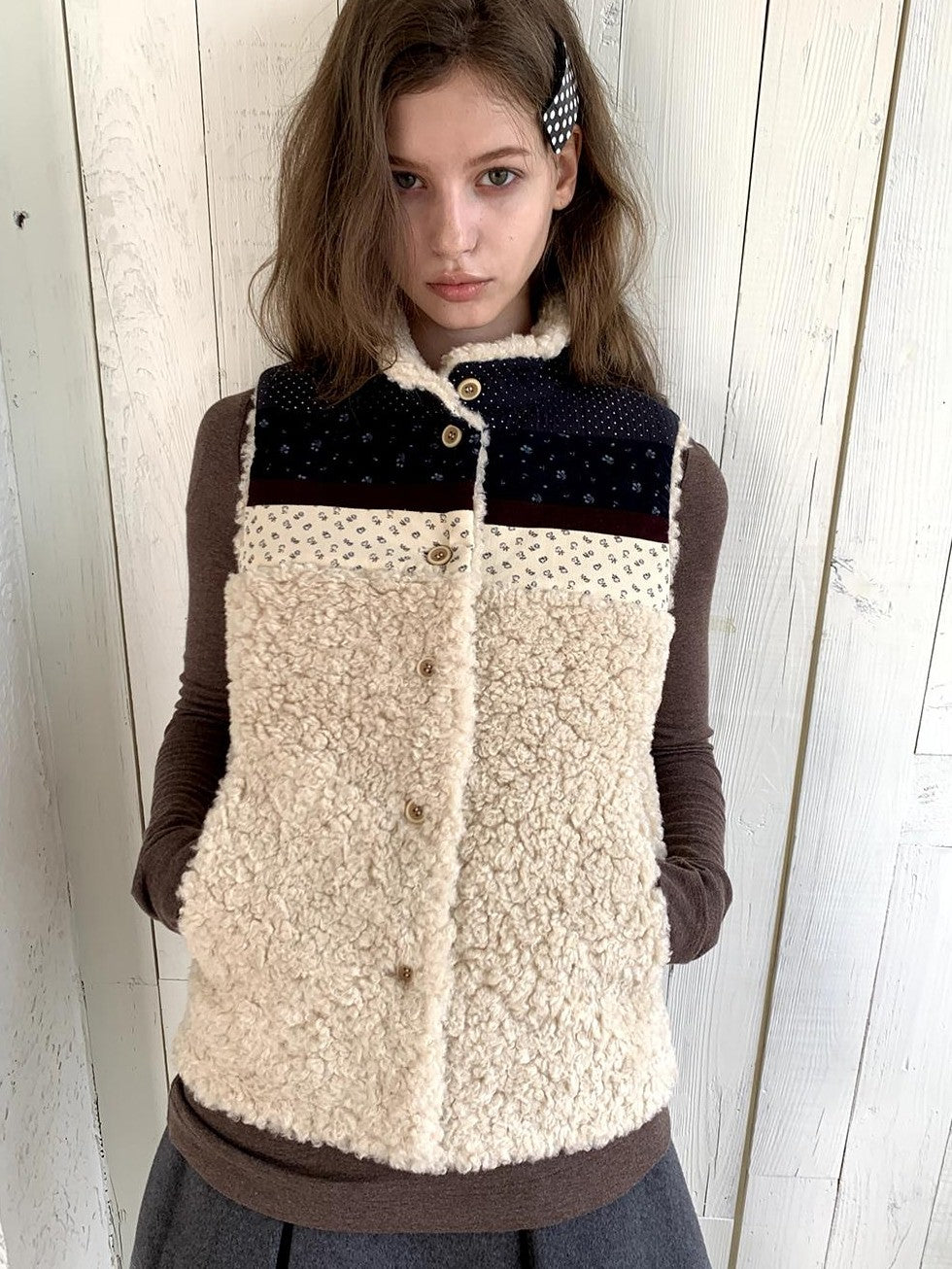 UNIVERSE Retro Lambswool Spliced Stand Collar Cropped Women's Vests