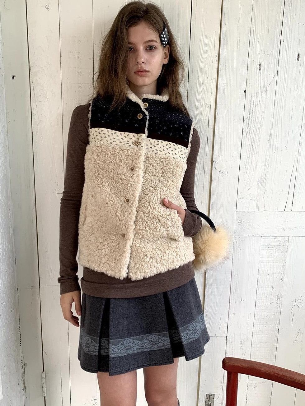 UNIVERSE Retro Lambswool Spliced Stand Collar Cropped Women's Vests