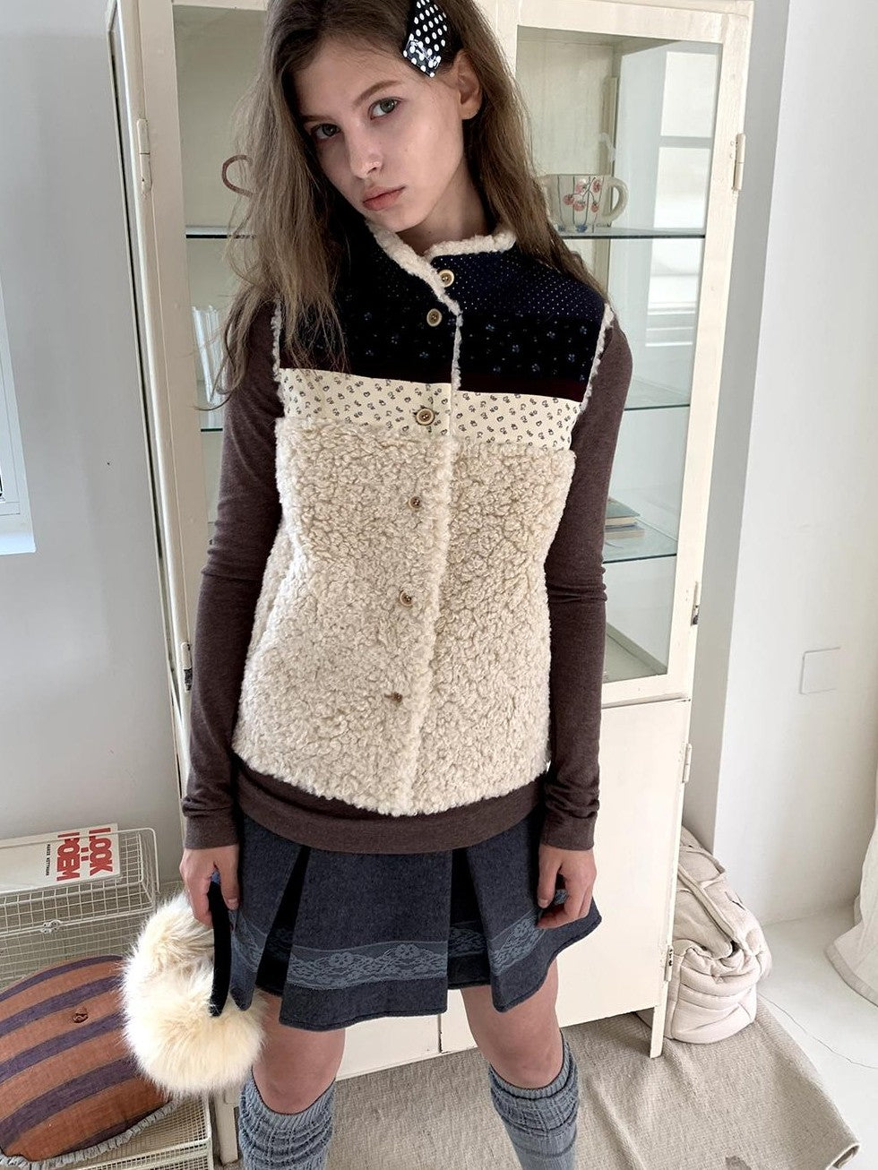 UNIVERSE Retro Lambswool Spliced Stand Collar Cropped Women's Vests