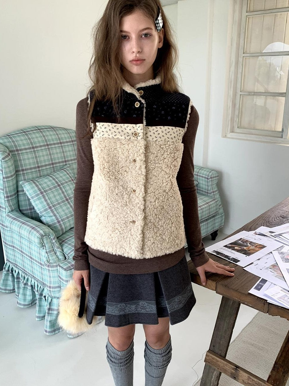 UNIVERSE Retro Lambswool Spliced Stand Collar Cropped Women's Vests