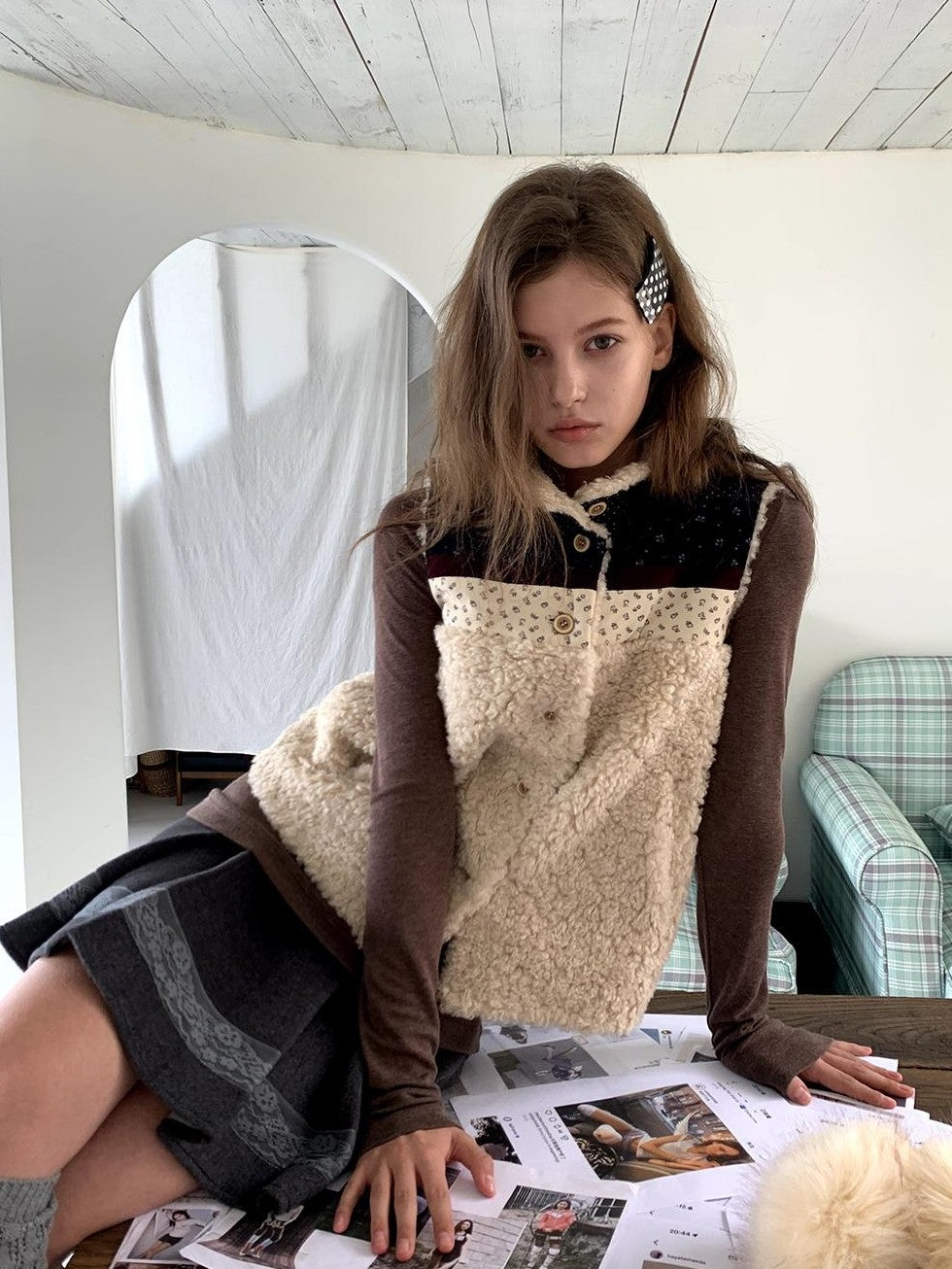UNIVERSE Retro Lambswool Spliced Stand Collar Cropped Women's Vests