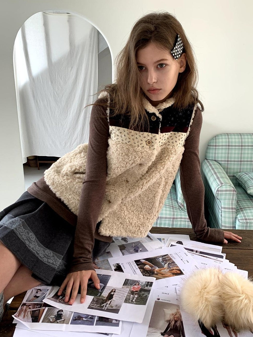 UNIVERSE Retro Lambswool Spliced Stand Collar Cropped Women's Vests