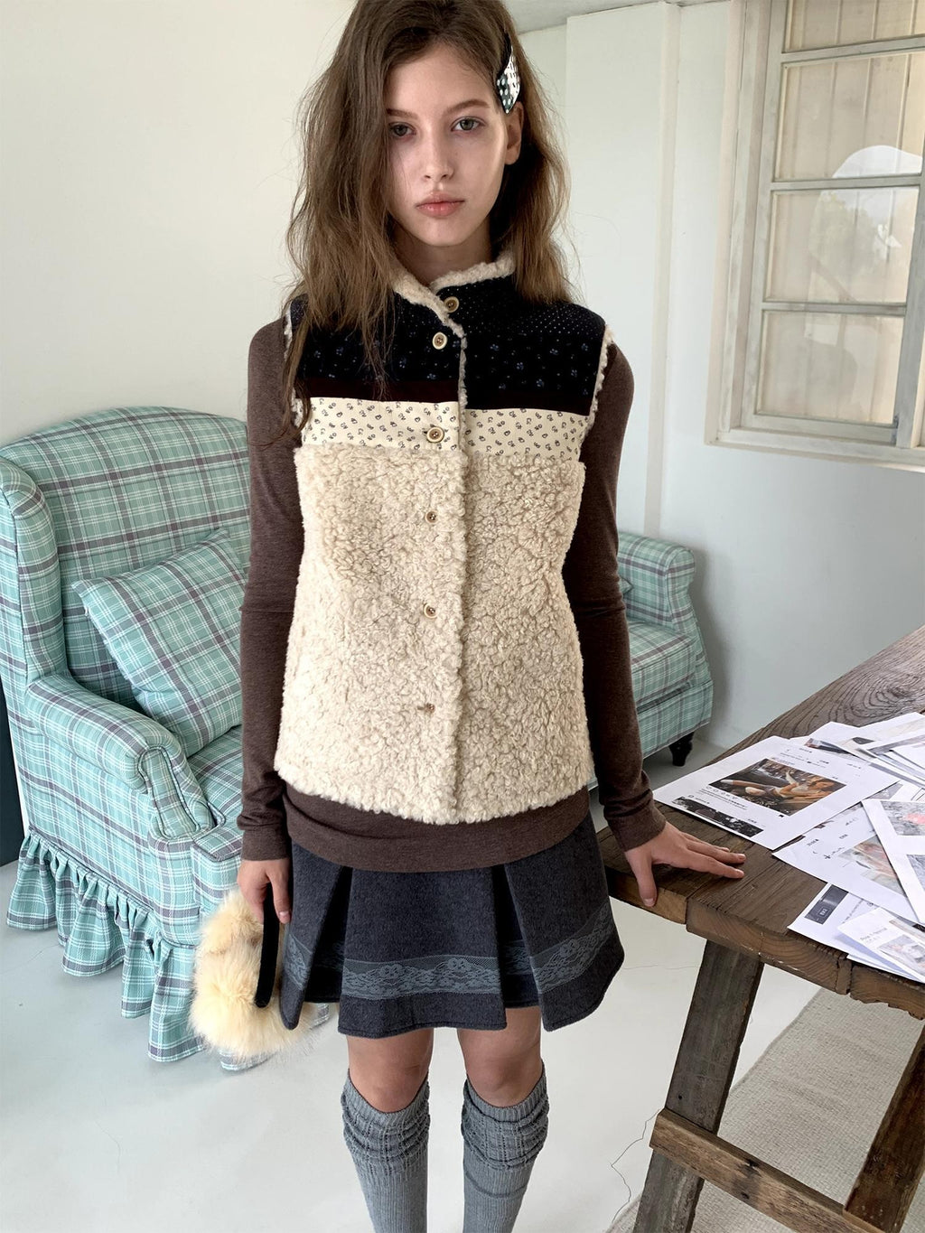 UNIVERSE Retro Lambswool Spliced Stand Collar Cropped Women's Vests