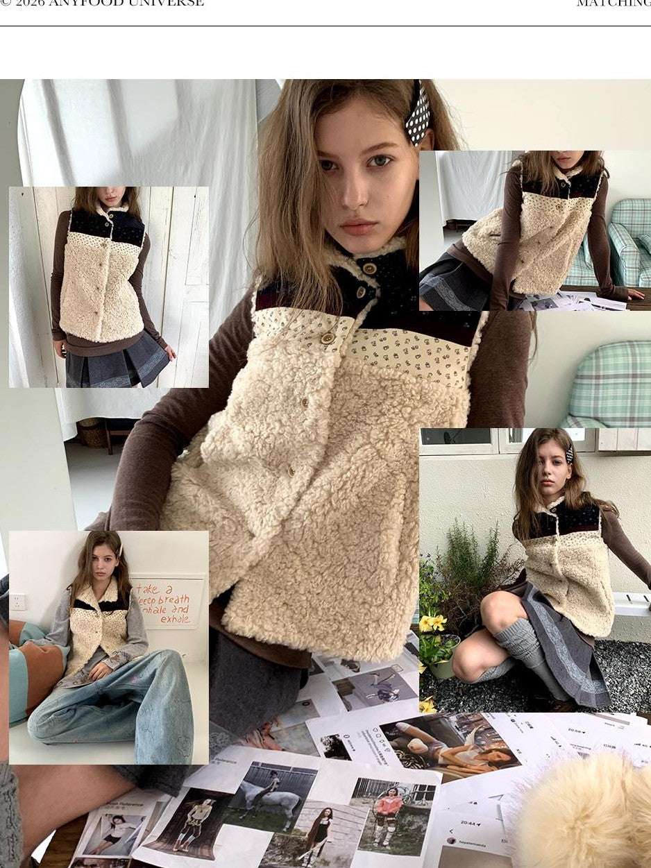 UNIVERSE Retro Lambswool Spliced Stand Collar Cropped Women's Vests