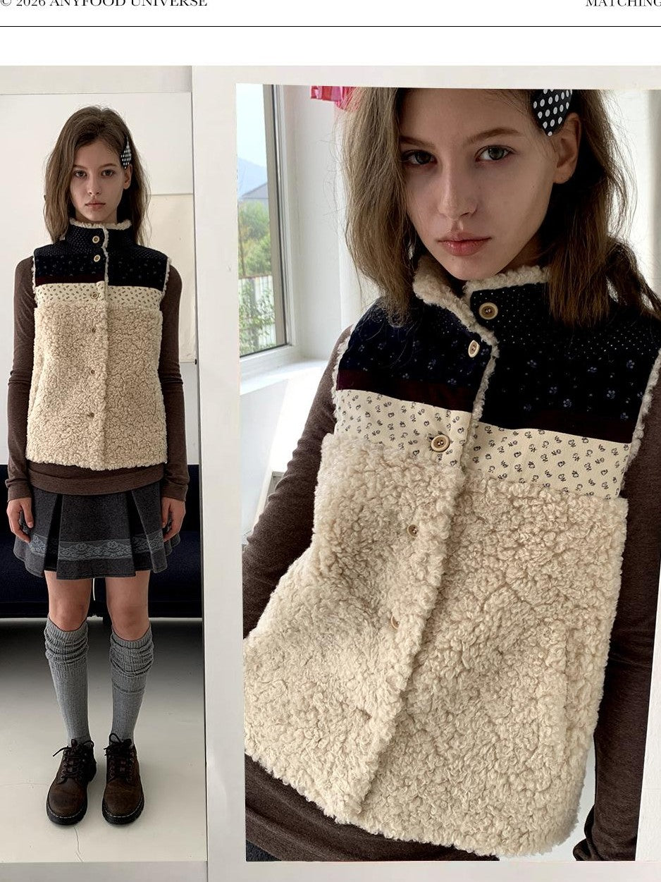 UNIVERSE Retro Lambswool Spliced Stand Collar Cropped Women's Vests
