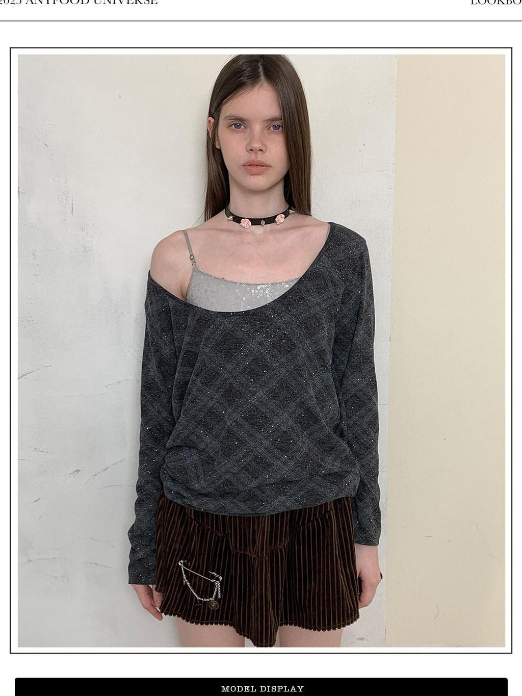 UNIVERSE Retro Layered Check Knit Drop Shoulder Women's Long Sleeve T-shirts