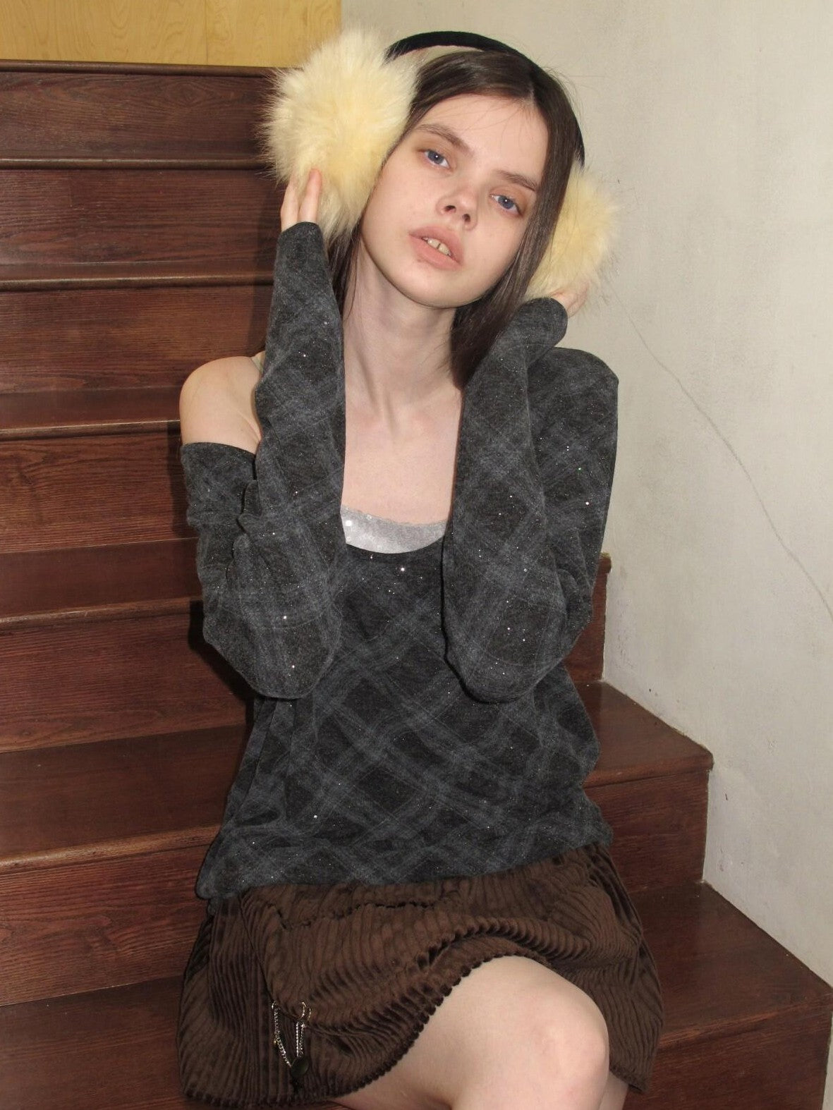 UNIVERSE Retro Layered Check Knit Drop Shoulder Women's Long Sleeve T-shirts
