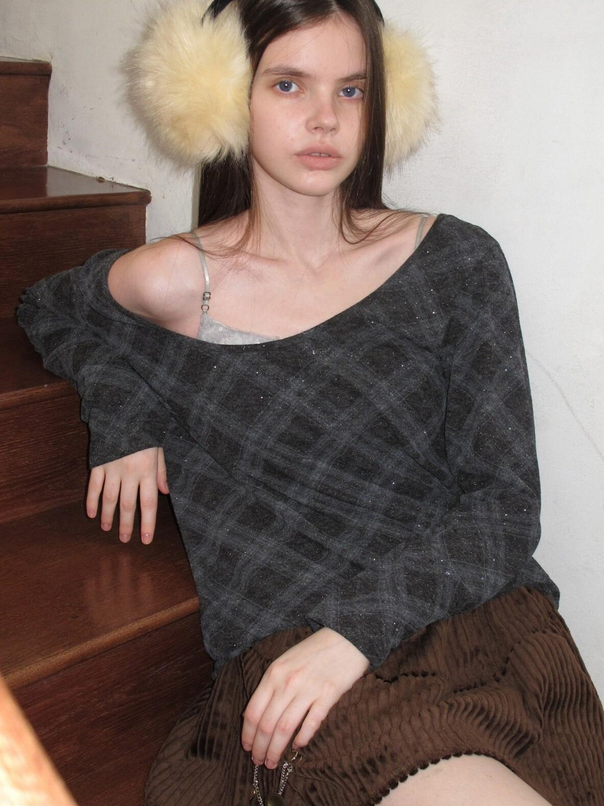 UNIVERSE Retro Layered Check Knit Drop Shoulder Women's Long Sleeve T-shirts