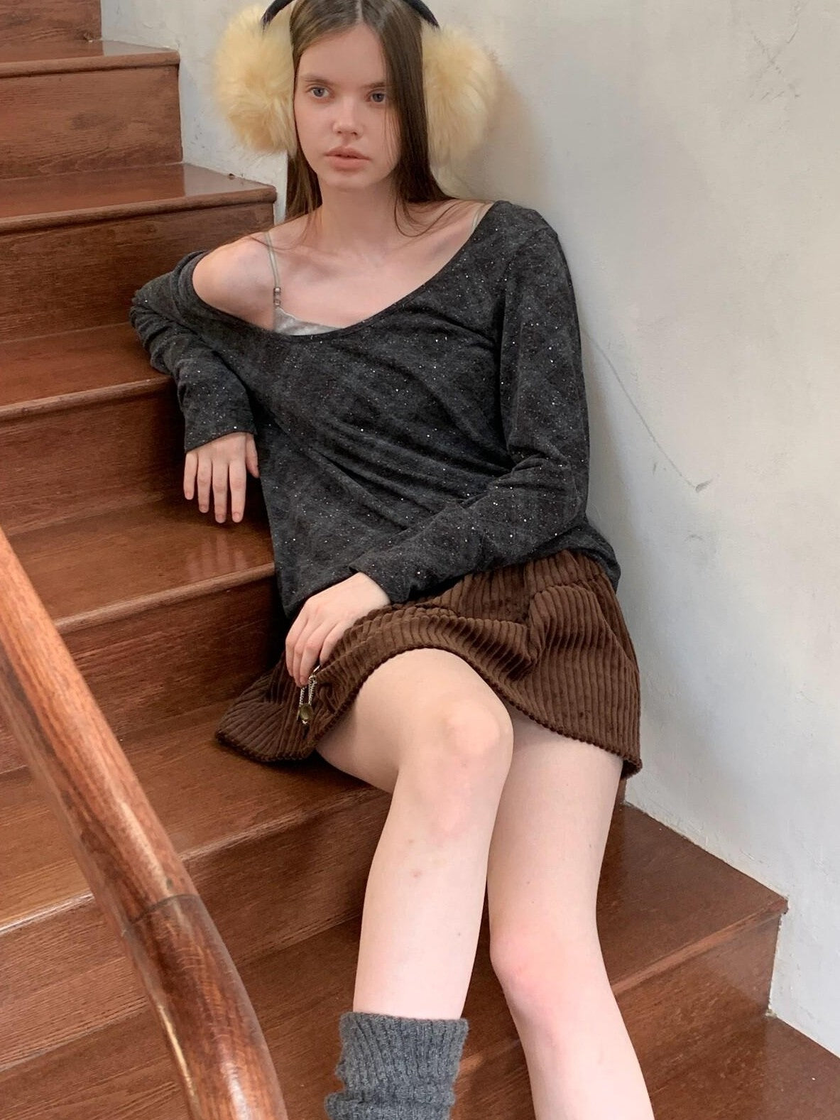 UNIVERSE Retro Layered Check Knit Drop Shoulder Women's Long Sleeve T-shirts