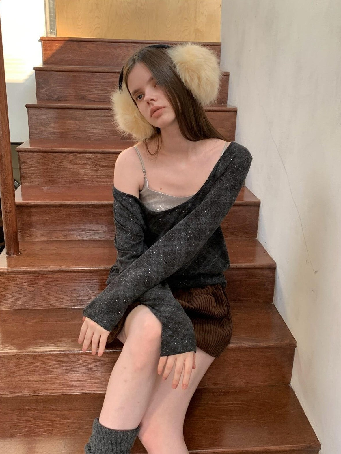 UNIVERSE Retro Layered Check Knit Drop Shoulder Women's Long Sleeve T-shirts