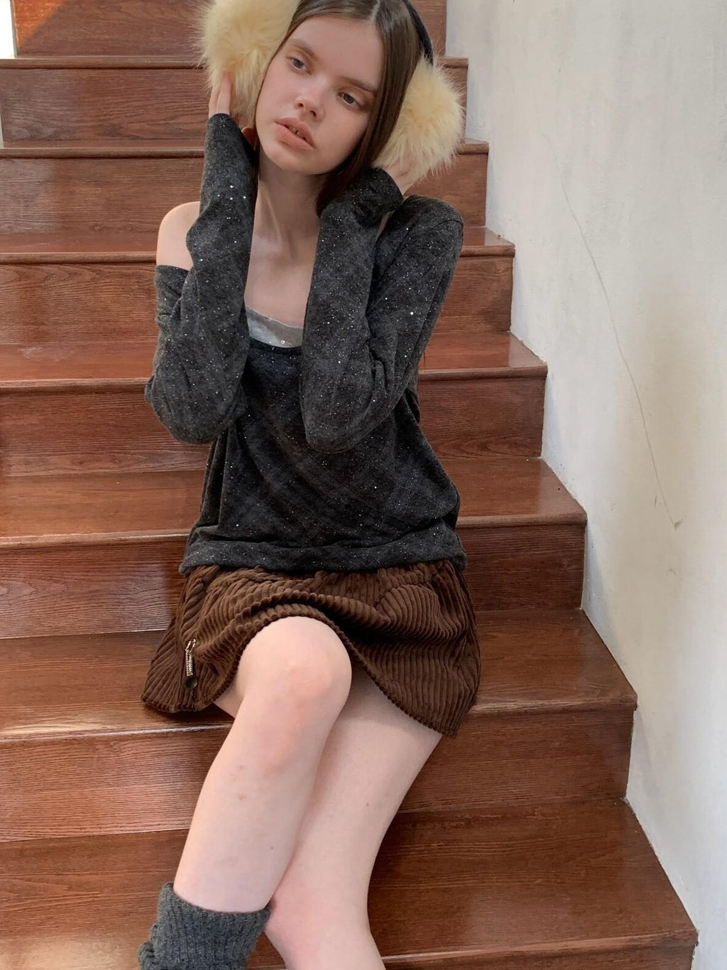 UNIVERSE Retro Layered Check Knit Drop Shoulder Women's Long Sleeve T-shirts