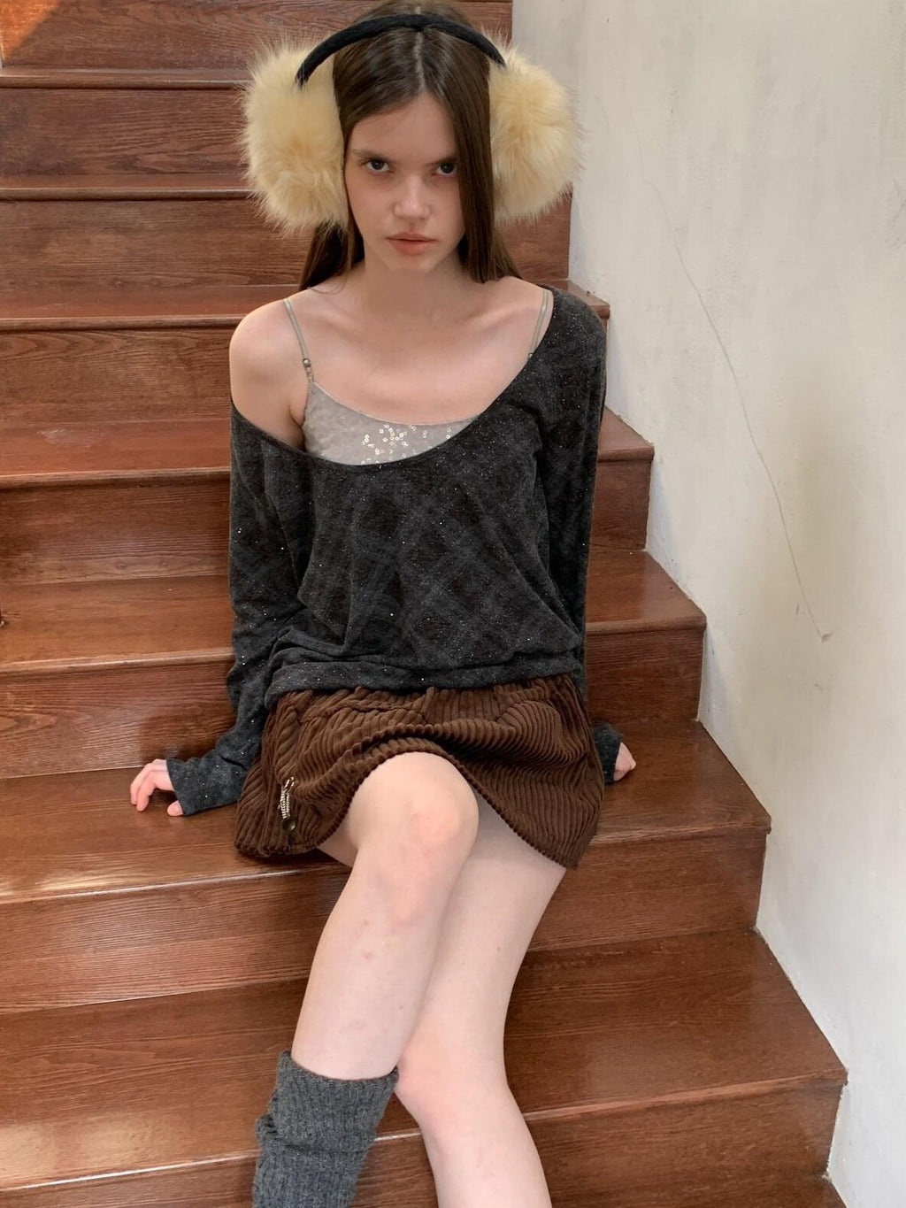 UNIVERSE Retro Layered Check Knit Drop Shoulder Women's Long Sleeve T-shirts