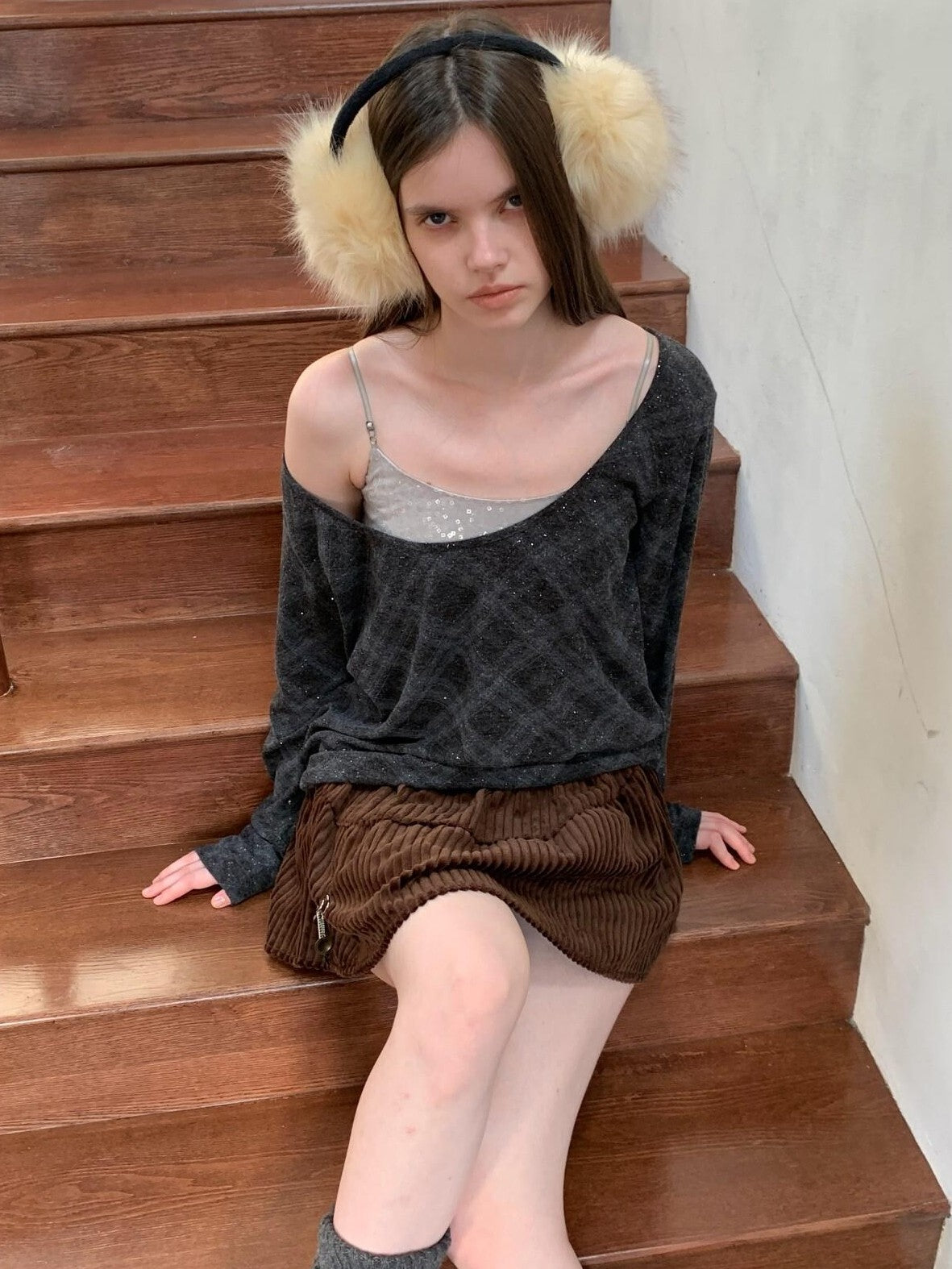 UNIVERSE Retro Layered Check Knit Drop Shoulder Women's Long Sleeve T-shirts