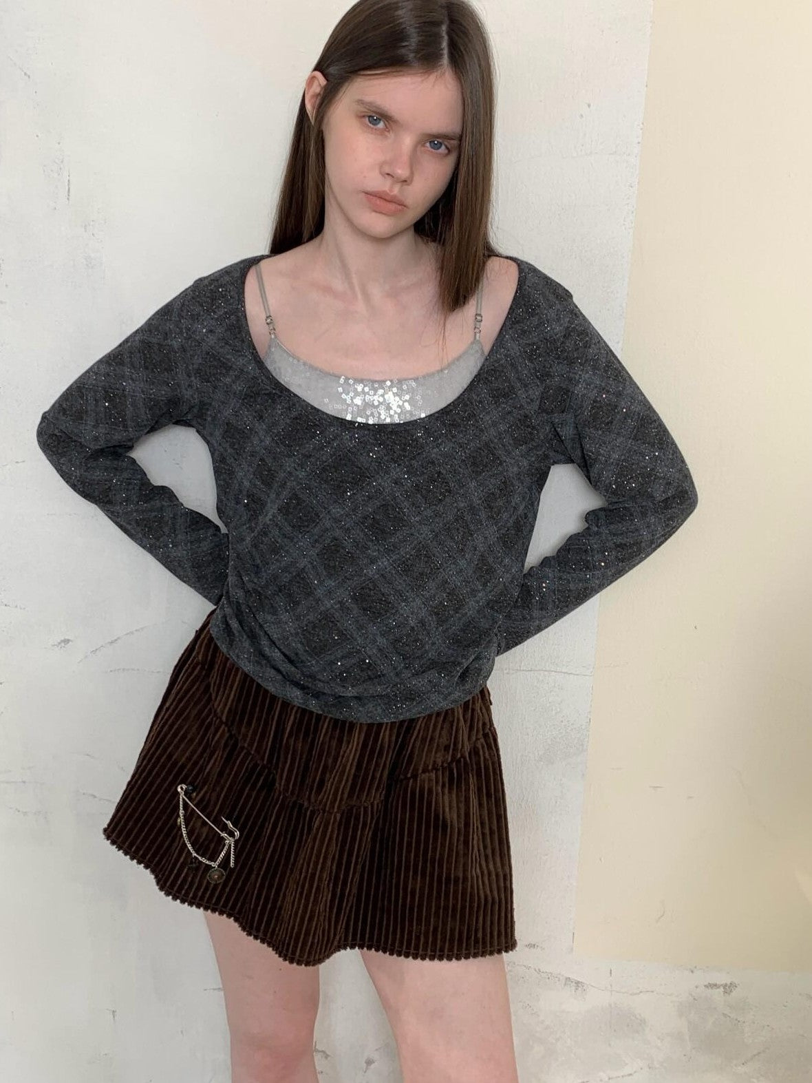 UNIVERSE Retro Layered Check Knit Drop Shoulder Women's Long Sleeve T-shirts