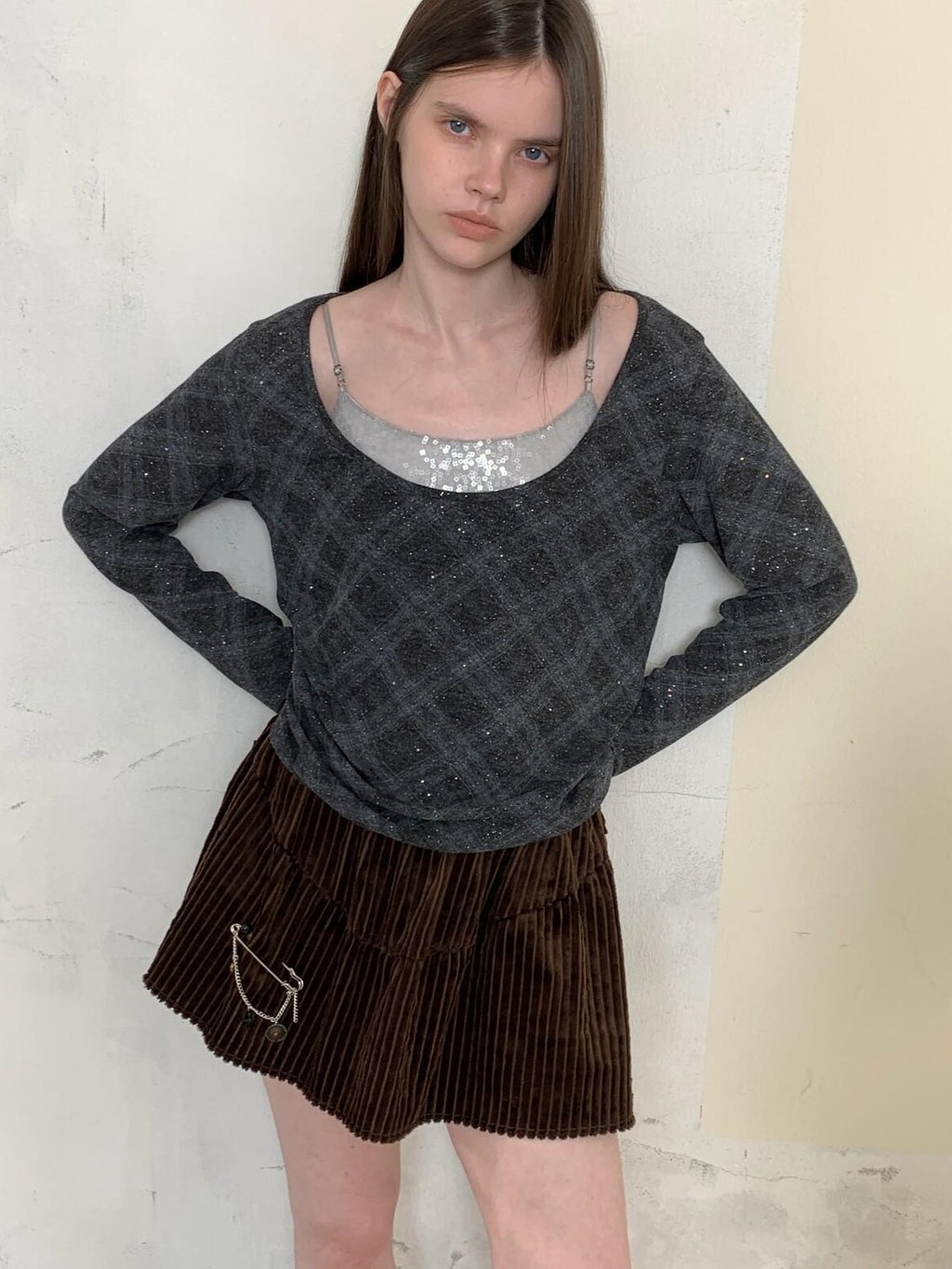 UNIVERSE Retro Layered Check Knit Drop Shoulder Women's Long Sleeve T-shirts