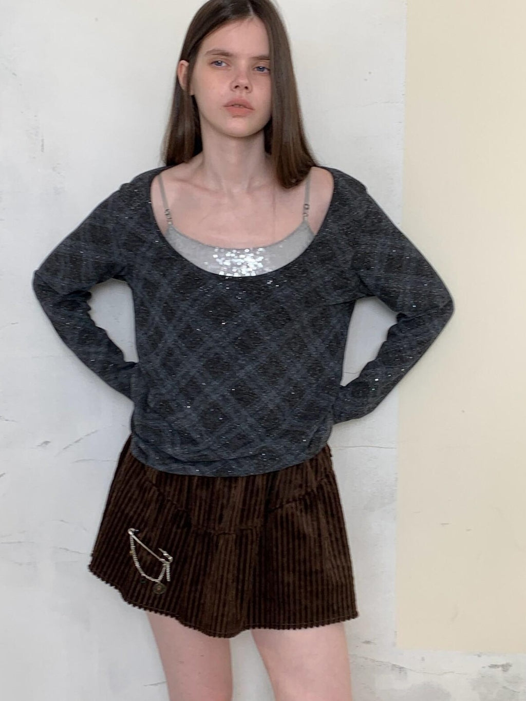 UNIVERSE Retro Layered Check Knit Drop Shoulder Women's Long Sleeve T-shirts