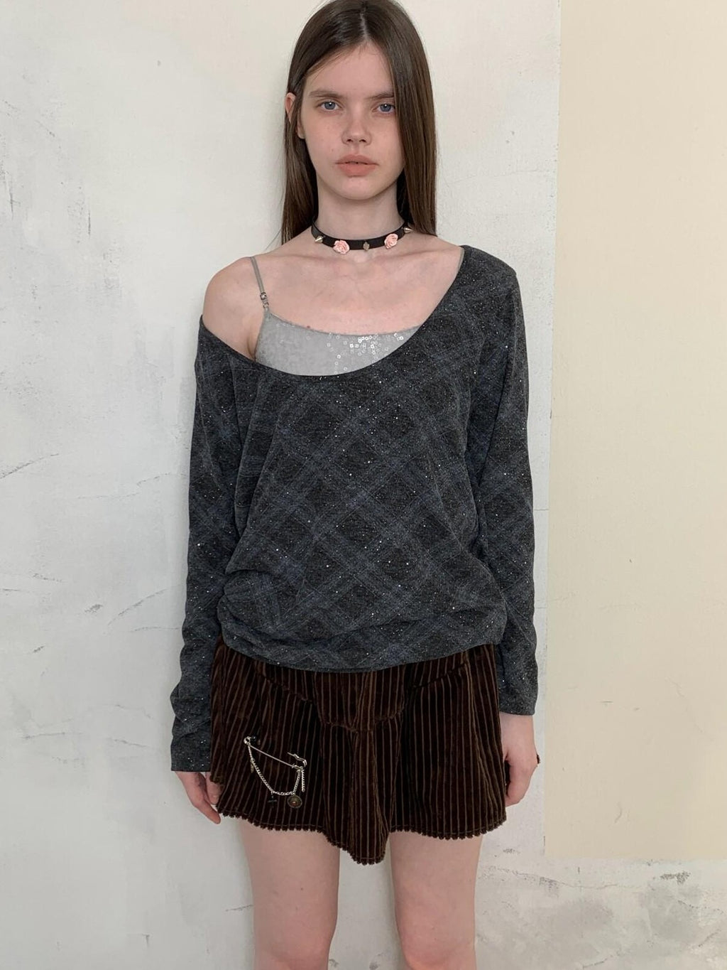 UNIVERSE Retro Layered Check Knit Drop Shoulder Women's Long Sleeve T-shirts