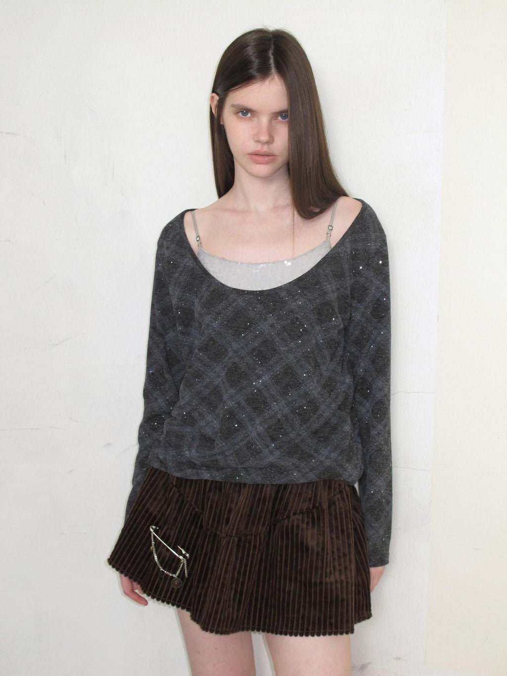UNIVERSE Retro Layered Check Knit Drop Shoulder Women's Long Sleeve T-shirts