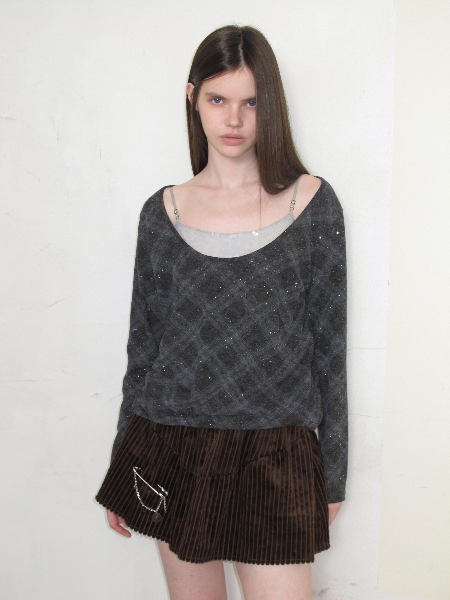 UNIVERSE Retro Layered Check Knit Drop Shoulder Women's Long Sleeve T-shirts
