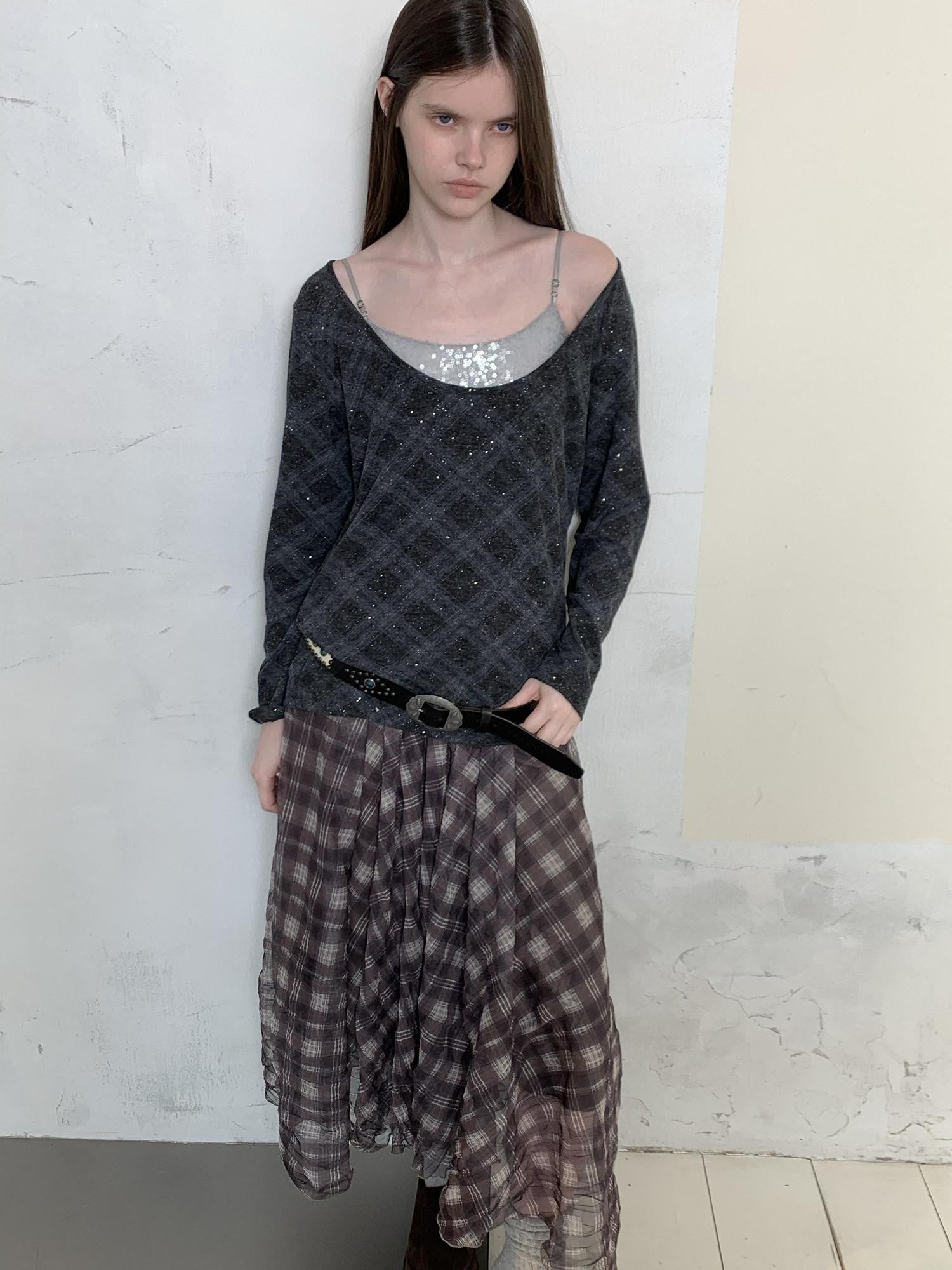 UNIVERSE Retro Layered Check Knit Drop Shoulder Women's Long Sleeve T-shirts