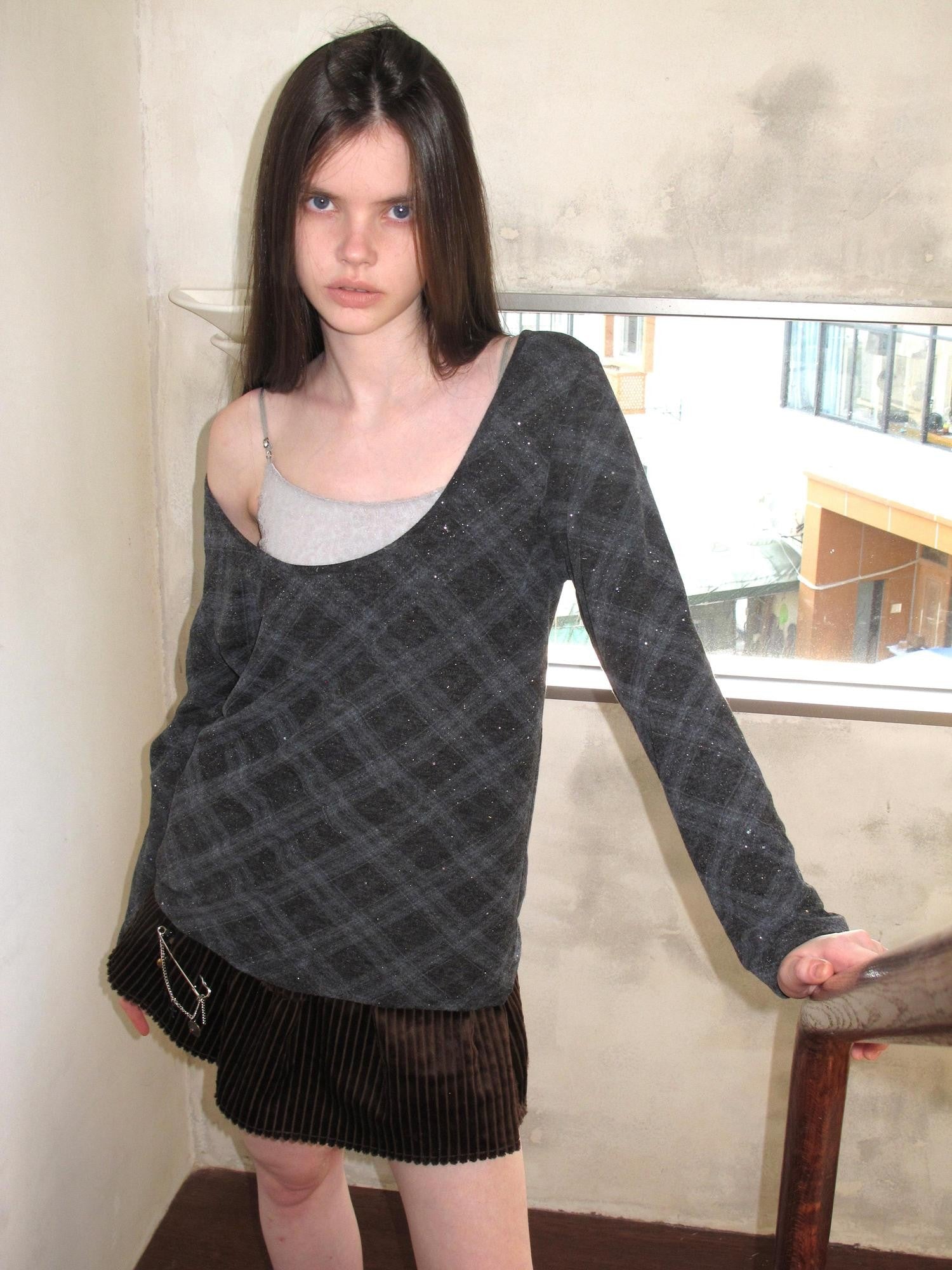 UNIVERSE Retro Layered Check Knit Drop Shoulder Women's Long Sleeve T-shirts