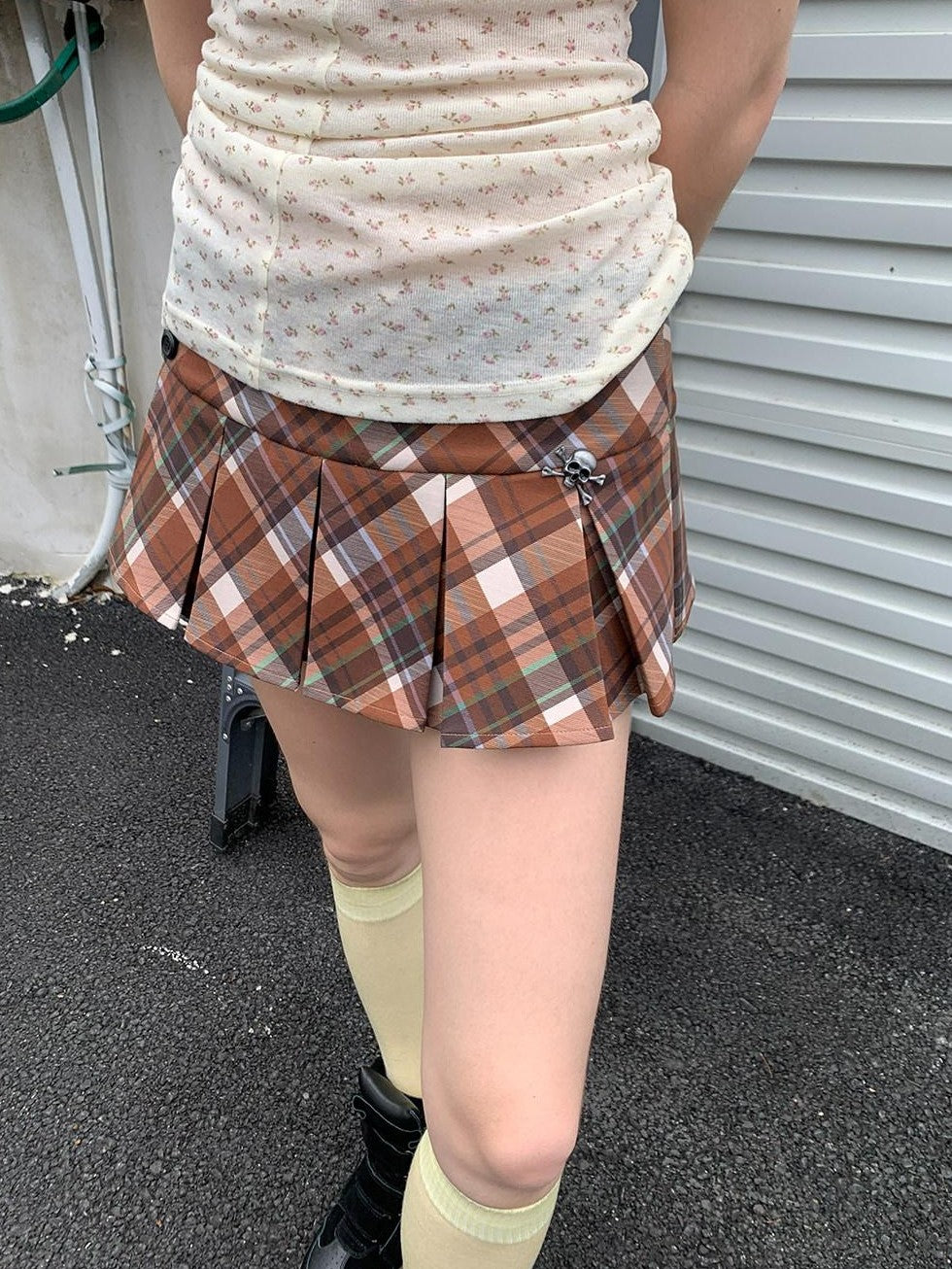 UNIVERSE Retro Maple Plaid Low Waist A Line Hand Pressed Pleats Women's Pleated Skirts