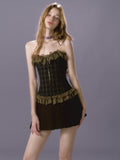 UNIVERSE Retro Plaid Lace Trim Pleated Bustier Women's Acrylic Tube Mini Dresses