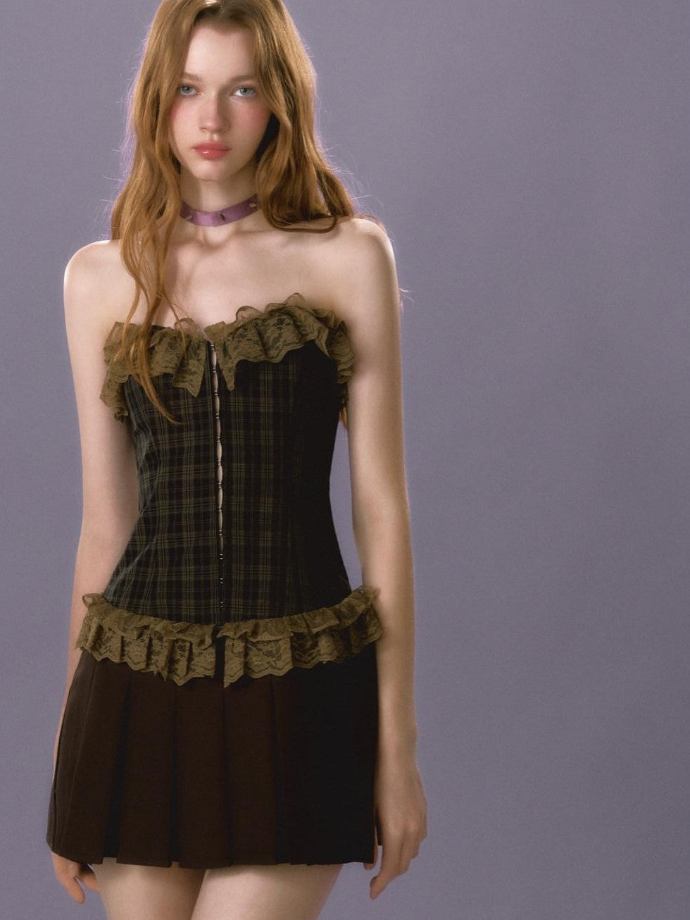 UNIVERSE Retro Plaid Lace Trim Pleated Bustier Women's Acrylic Tube Mini Dresses
