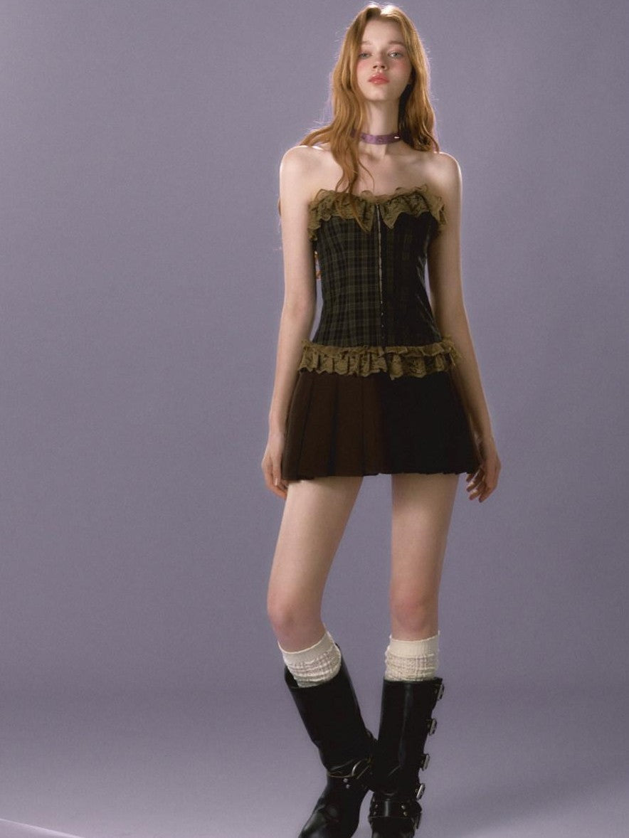 UNIVERSE Retro Plaid Lace Trim Pleated Bustier Women's Acrylic Tube Mini Dresses