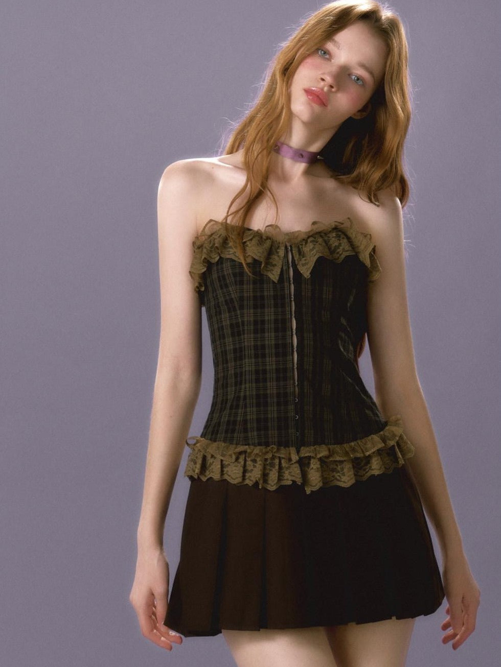 UNIVERSE Retro Plaid Lace Trim Pleated Bustier Women's Acrylic Tube Mini Dresses