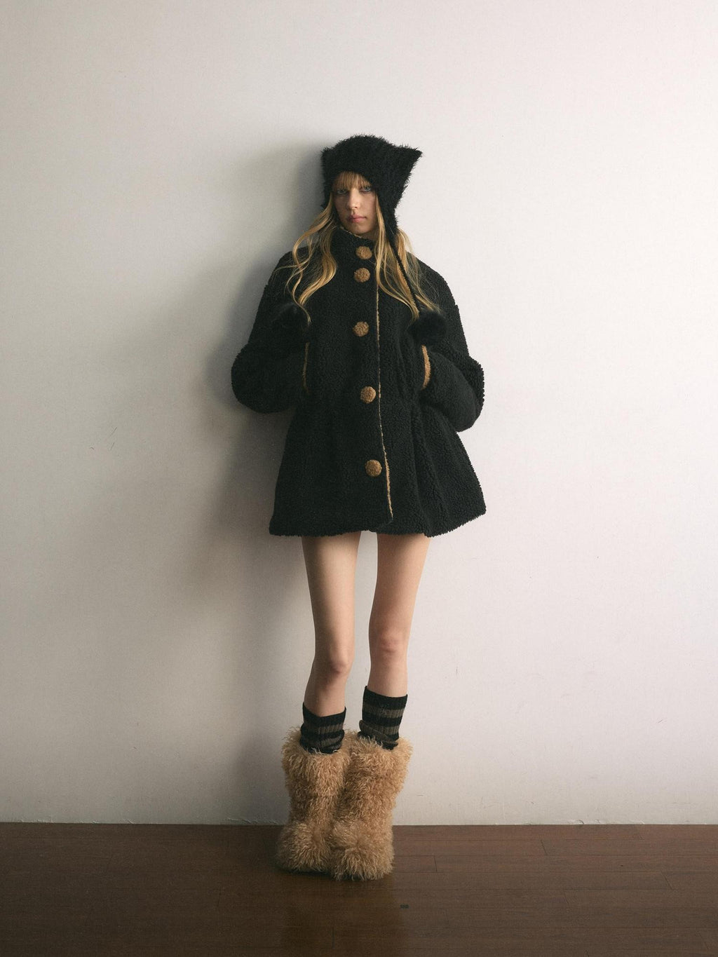 UNIVERSE Retro Plush Fleece Waist Cinch Stand Collar Women's Puffer Jackets