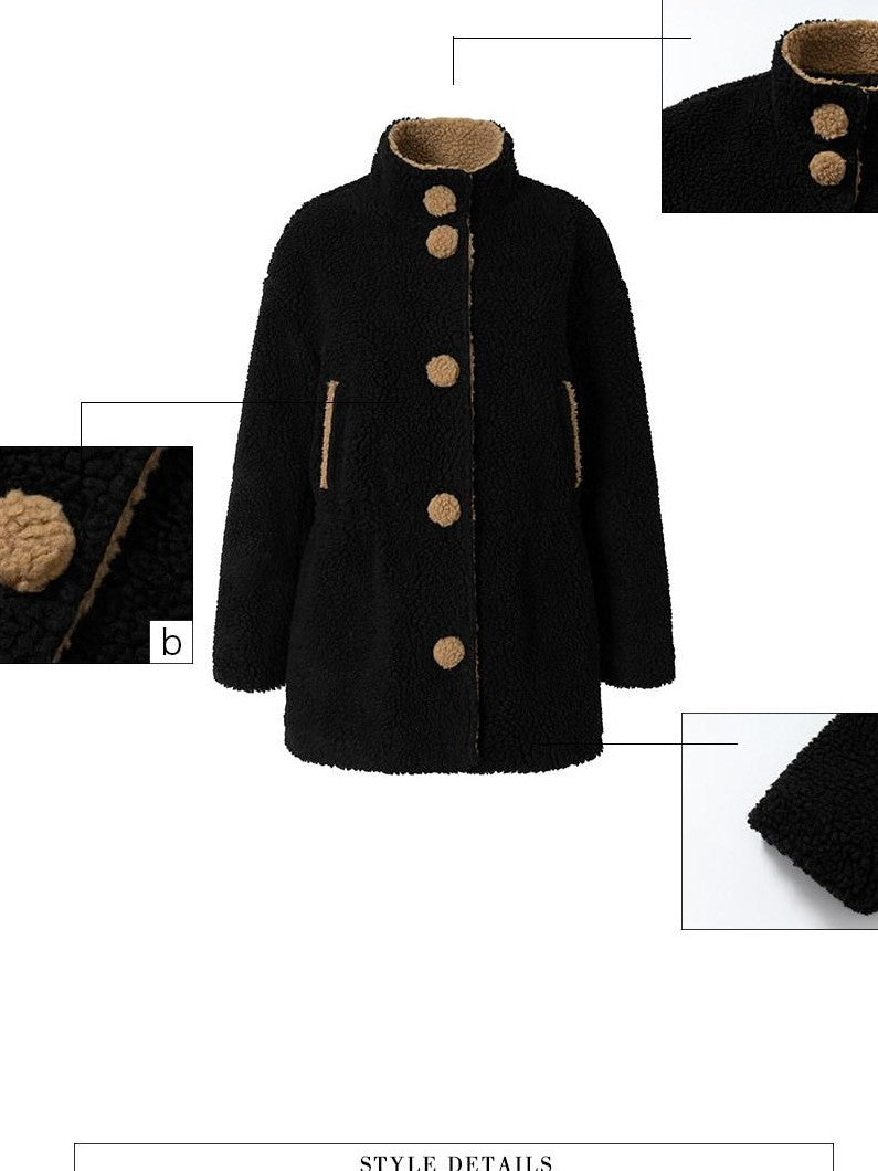 UNIVERSE Retro Plush Fleece Waist Cinch Stand Collar Women's Puffer Jackets